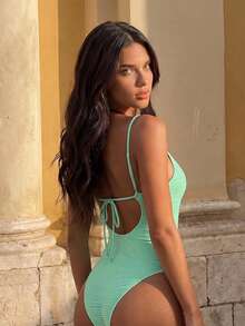 Sunnyshic Women Summer Beach One-Piece Swimsuit, Solid Color Textured Fabric, Padding Bust, Tie-Front, Crisscross Back, Casual Holiday Outfit Vacation - Mint Green - View 2