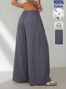 SHEIN PETITE 女款素色百褶休閒百搭日常穿著長褲 - 灰色 - 查看 2