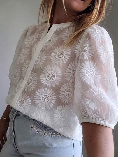 LanaWest CURVE Plus Size Women's Embroidered Large Floral Lace Sheer Puff Mid-Sleeve Cutout V-Neck Top Brunch Formal White Summer Elegant