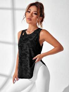 SHEIN Cheerettes 女款鏤空無袖圓領純色休閒運動背心，夏季 - 黑色 - 查看 6