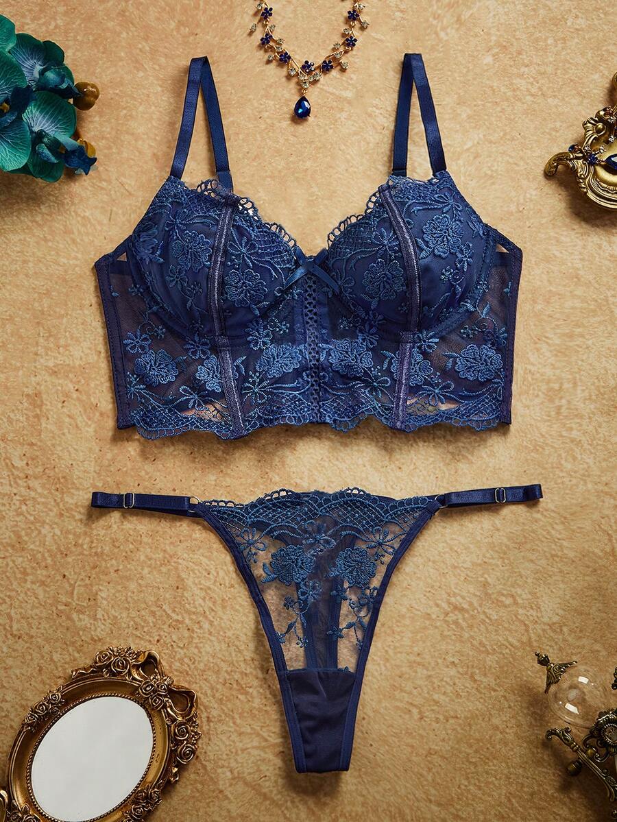 PinupPomp 2pcs/Set Women's White Romantic Long Bra Lingerie Set - Navy Blue - View 1