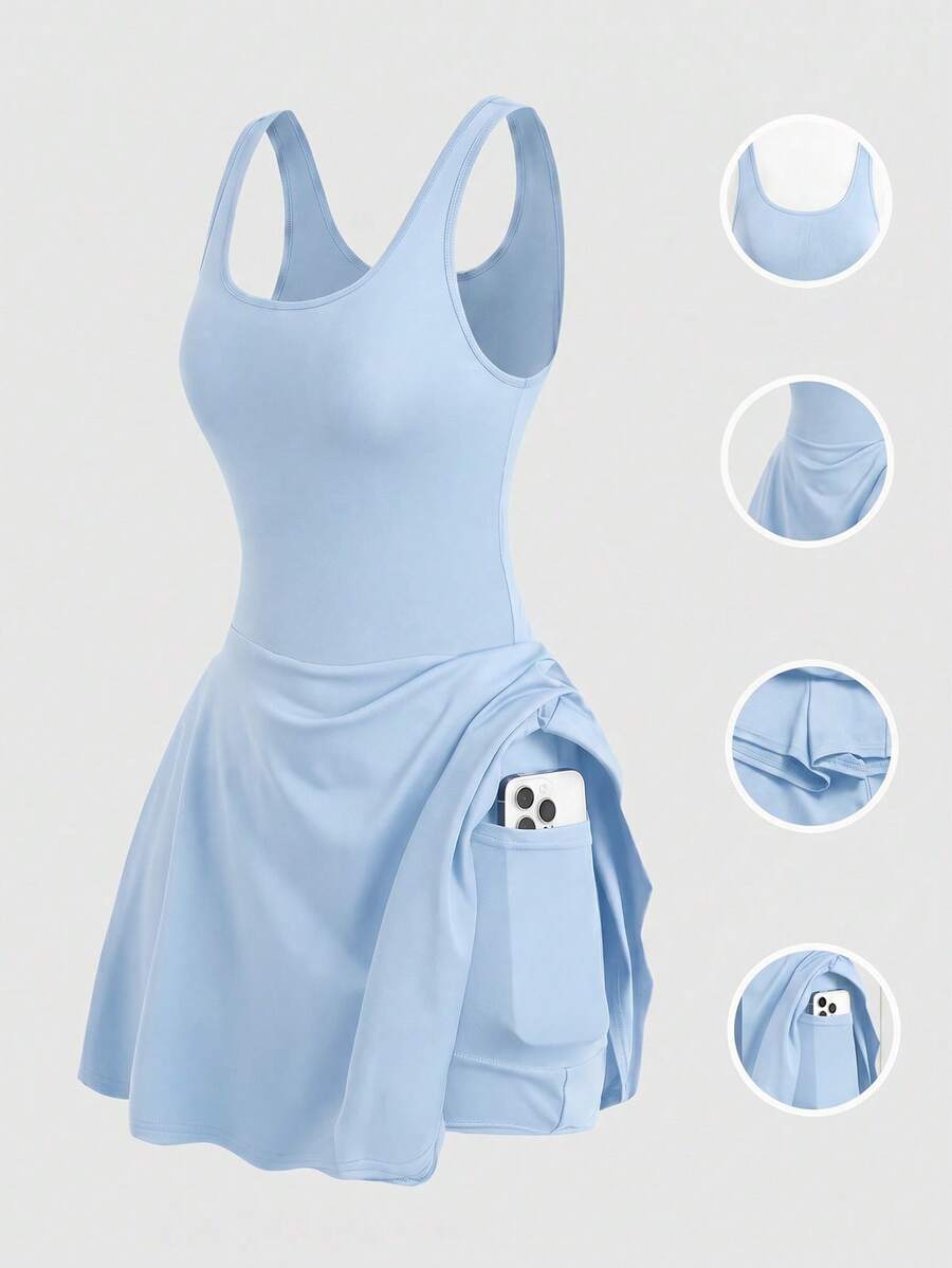SHEIN Girlism 青少年女孩春夏新款淺藍色針織高彈性無袖方領露背吊帶裙,內建內搭褲防走光,運動瑜伽休閒運動裙 - 淺藍色 - 查看 1