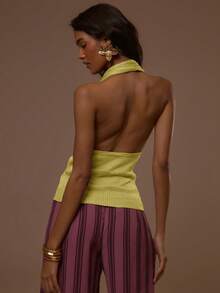 MUSERA Deep V Cross Over Fitted Waist Knitted Halterneck Top Summer Spring Sexy Cute Holiday Vacation Going Out Occasion Ibiza Elegant Sunset Ties - Yellow - View 3