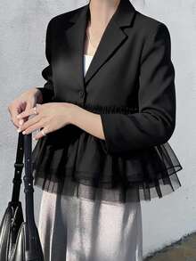 FRIFUL Women's Early Autumn New Korean Style Patchwork Sheer Mesh Pleated Blazer - Black - View 7