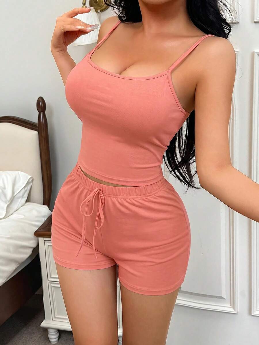 SHEIN 休閒極簡風女款細肩帶背心家居服套裝 - 西瓜粉 - 查看 1