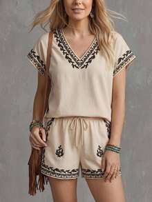 Wildy BOHO Tropical Casual Western Country Music Festival Retro Print Women's Summer Beach Vacation Pocket V-Neck Shirt Shorts 2-Piece Set Beige - Apricot - View 5