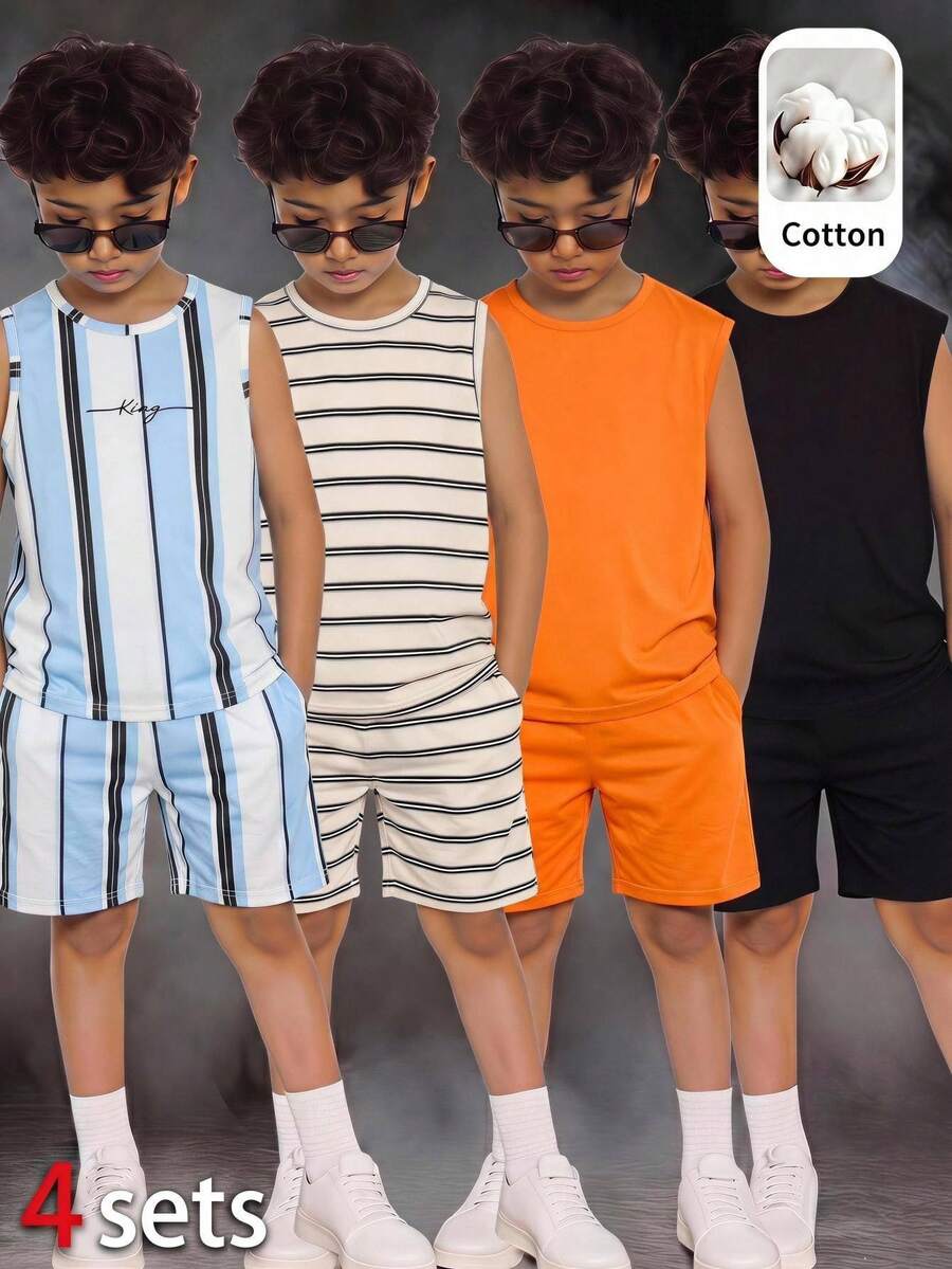 SHEIN 4件組買2送2兒童青少年男孩島嶼風休閒簡約基礎背心套裝，黑色背心、卡其色背心、橘色背心、藍色背心，夏季上衣，適合春/夏、情人節、夏季穿搭、海灘週末、家庭聚會、開學季、婚禮季節、運動、生日派對
