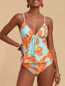 Travachic Setelan Baju Renang Wanita 2 Potong Motif Pantai Cerah (Cerah) yang Terdiri dari Camisole dan Celana Pendek - MultiWarna - View 4