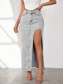 SQUALO Light Blue Slit Denim Midi Skirt - 100% Cotton ,Petite Women - Grey - View 1