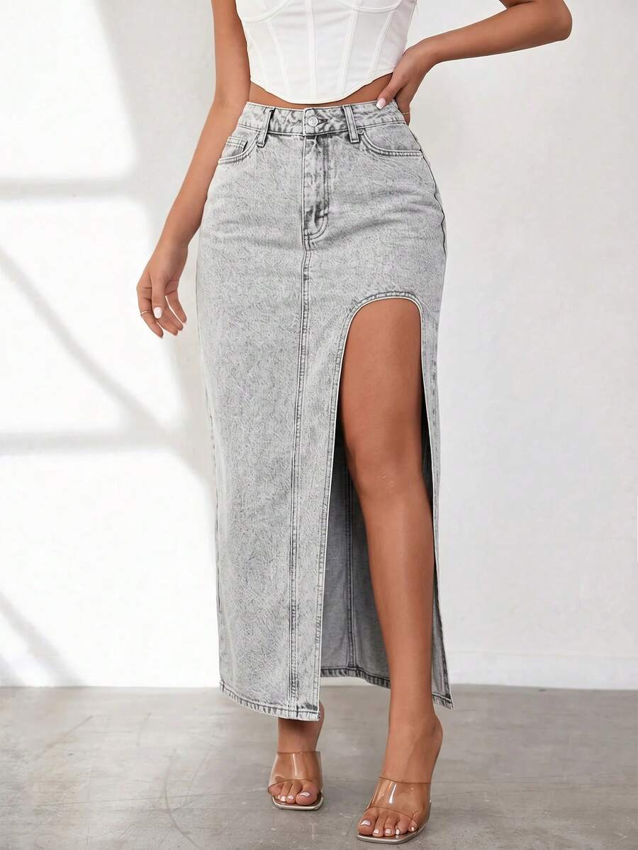 SQUALO Light Blue Slit Denim Midi Skirt - 100% Cotton ,Petite Women - Grey - View 1
