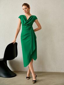 MOTF PREMIUM VESTIDO MIDI ELEGANTE DE MUJER PARA PRIMAVERA/VERANO, VERDE, CON FRUNCIDO Y ESTRUCTURA, PARA IR AL TRABAJO - Verde - Ver 7