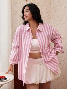 CovetEZ Spring/Summer New Pink Striped Casual 90s Business Plus Size Shirt With Pockets Graduation Back-To-School Date Night Office - Multicolor - View 4