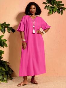 BrightlyHer Plus Size Magenta Dress Long Casual Vacation Summer Spring Clothing Beach Outfits For Women - Hot Pink - View 6