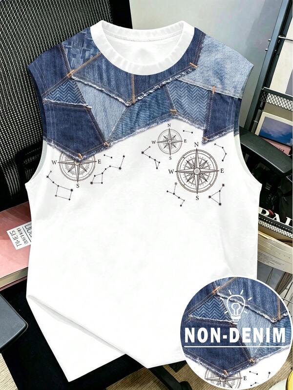 Manfinity Joysei Men's Faux Denim Patchwork Compass Print Tank Top,Blue And White Colorblock Summer Streetwear Casual Style,Fashionable Personalized Vacation Tops