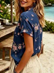 Breezaya Women's New Summer Floral Print Collared Short Sleeve Shirt, Retro Chic, French Elegant Versatile - Multicolor - View 2