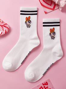 THE POWERPUFF GIRLS X SHEIN 3入組女款中筒條紋襪 - 白色 - 查看 9