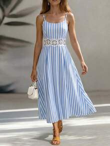 SHEIN Holidaya Women's Summer Blue And White Stripe Spaghetti Strap Midi Dress, Hollow Lace Waist A Line Dress, Lightweight Elegant Boho Chic Outfit For Beach - Baby Blue - View 5