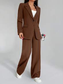 EURMUSE Conjunto de dos piezas de mujer de unicolor, chaqueta tipo blazer y pantalones - Café integral - Ver 6