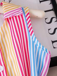 SHEIN Elladie kids 女童休閒度假百搭連身長褲，領口鈕扣前襟附腰帶，舒適柔軟皺褶丹寧風，適合秋季、野餐、出遊、姐妹穿搭、日常穿著 - 彩色 - 查看 10