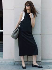 Ontre 2026SS Nuevo Estilo de Vacaciones Conjunto 2 en 1 para Mujer Colorblock Negro Profundo & Blanco Minimalista Elegante Urbano Moderno Versátil Ropa de Desplazamiento para Profesora Salida Vestido Largo Casual de Playa para Vacaciones de Verano Invitada de Boda Fiesta Reunión Vestido Elegante Línea A Diseño de Moda Fiesta de Té Cita Romántica Tela Cómoda Ajuste Holgado Best Seller - Negro - Ver 2