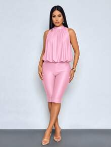 SOLERSUN Women's Halter-Neck Top And Fitted Knee-Length Shorts Set-Spring/Summer Old Money Aesthetic - Pink - View 7
