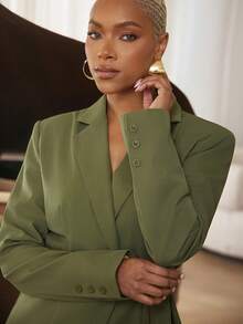 Vixey Solid Woven Notched Collar Wrap Around Oversized Blazer, Business Casual, Workwear, Polished, Tailored, Desk To Dinner, Power Dressing - Green - View 3