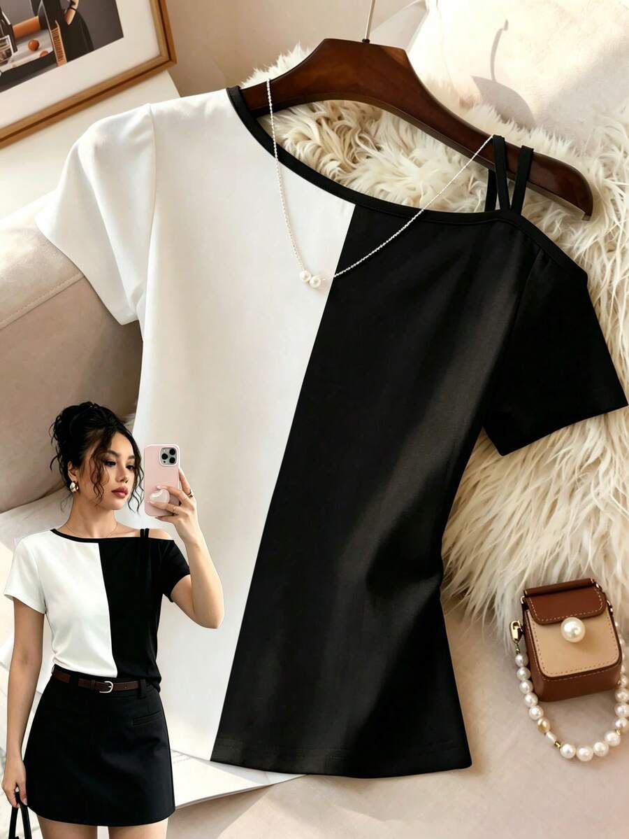 SHEIN Elenzya 女士不对称肩部设计撞色上衣，休闲舒适撞色不对称肩部短袖T恤，适合日常休闲穿着 - 彩色 - 查看 1