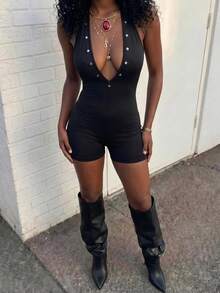 Jeanoix Women's Sexy Halter Deep V-Neck Beaded Romper Club Night Out Black Summer - Black - View 5