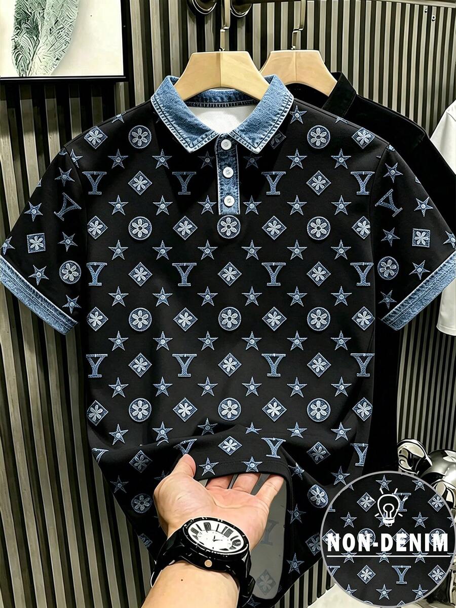 Manfinity Hypemode 美式復古仿丹寧星形字母字母印花 Polo 衫,奢華做舊仿丹寧襯衫,男女款圖案 T 恤,夏季旅行休閒度假短袖上衣 - 彩色 - 查看 1