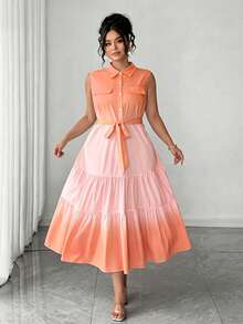 Elenzga Plus Size Women's Elegant Vintage French Style Yellow Gradient Sleeveless A-Line Maxi Dress, Suitable For Summer, Back To School, Vacation, Graduation, Holiday, Valentine's Day, Christmas, Music Festival, Mother's Day, Halloween, Thanksgiving, Easter, National Day, Prom, Birthday, Date Party, Wedding Season, Outing And More - Orange - View 7