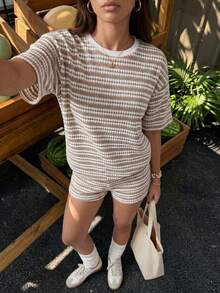 SHEIN Tall 2件組女款寬鬆條紋圓領T恤與鬆緊腰長褲套裝，白色條紋，夏季休閒居家睡衣度假套裝，適合高個女性 - 彩色 - 查看 3
