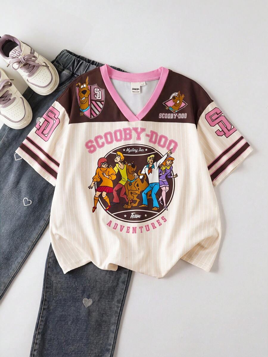 SCOOBY-DOO X SHEIN 少女 V 領字母卡通印花休閒百搭日常短袖 T 恤 - 杏色 - 查看 1