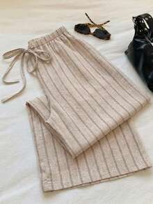 SHEIN EZwear 女款休閒腰綁帶條紋直筒長褲，休閒、夏季、度假穿搭、街頭風、海灘、街頭風格，適合日常通勤、約會、派對、秋冬/夏季、聖誕節、新年、感恩節、派對、婚禮、海灘、畢業典禮，優雅、休閒 - 彩色 - 查看 2