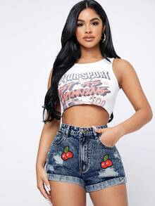 SHEIN 女款戶外復古磨損寬腿收口櫻桃補丁藍色牛仔短褲 - 深色水洗藍 - 查看 3