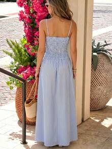Pariaura Women Vintage Blue And White Stripe Square Neck Cami Maxi Dress,Smocked Waist Slim-Fit Boho Summer Holiday Vacation Outfits,Elegant Gingham Sundress - Blue - View 2