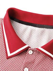 Manfinity Homme Kemeja Polo Pria Ukuran Besar dengan Motif Geometris dan Trim Kontras, Lengan Pendek, dan Kancing - Merah - View 6
