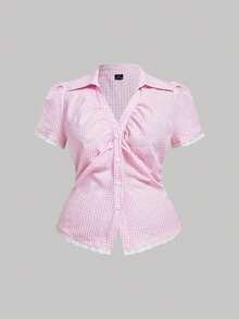 SHEIN MOD 大尺碼女款格紋單排扣休閒百搭日常短袖襯衫 - 淺粉色 - 查看 4
