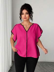 SHEIN Elenzya Plus Size Women's Pink Colorblock Trim Textured Fashion Vacation Shirt - Hot Pink - View 6