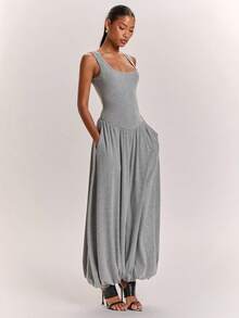 SHEIN BAE Women's Casual Commute Square Round Neck Minimalist Lantern Ruched Grey Marled Lantern Jumpsuit, Suitable For Casual Commute, Daily Wear, Casual Outing, Grey Lantern Pants, Grey Marled Lantern Pants - Grey - View 4