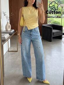 Lumalex Cotten Blend Blue High Waist Wide Leg Jeans With Rhinestone Studs Metal Grommets Front Seams With Back Pockets Perfect For Everyday Wear Commute - Blue and White - View 5