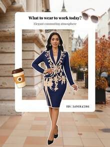SHEIN Lady 女款辦公通勤外出套裝 夏日海軍藍花卉商務休閒優雅工作晚餐服 教師節穿搭 - 藏蓝色 - 查看 8
