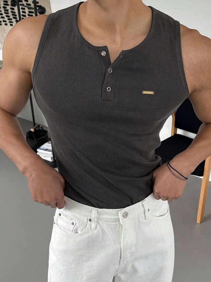 DAZY Dark Gray Half-Button Metal Patch Design High Elastic Fabric Fitted Men's Vest - Dark Grey - View 1