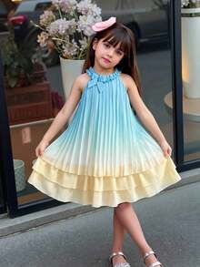 SHEIN Elladie kids 女童夏季褶皱蓝黄渐变荷叶边蝴蝶结装饰无袖连衣裙，适合度假、休闲、日常穿着，时尚优雅。 - 彩色 - 查看 4
