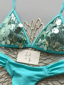 Swim Mod 女款 2 件式比基尼套裝，香檳金亮片布料三角繫帶上衣與抓褶比基尼褲，夏季海灘泳裝套裝 - 藍色 - 查看 4