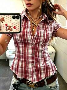 IslaSuriya 女士 Polo 领短袖修身衬衫 - 酒紅色 - 查看 8