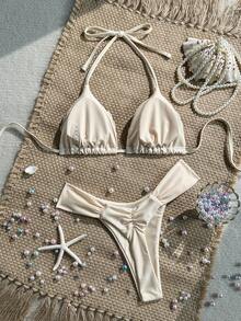 Swim Mod 2-Piece Set Spring/Summer Vacation Solid Color Woven Pearl Shell Decor Triangle Cup Bra And Side-Tie Ruched Bikini Bottom Sexy Women's Swimwear Set - Apricot - View 2