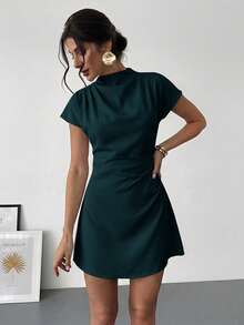 Aloruh Elegant Ruched Waist A-Line Mini Dress For Commuting, Summer,Summer Dresses For Women - Navy Blue - View 3