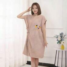Women Thickened Coral Fleece Bath Robe, Cross Tie Long Sleeve Bath Dress, Soft Loungewear Robe With Towel For Bathroom Bedroom Living Room - Multicolor - View 5