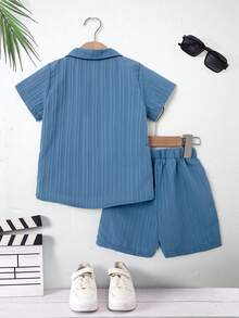 SHEIN Young Boy Textured Short Sleeve Shirt And Shorts Summer Outfit Set, School, Campus, College Summer Holiday - Blue - View 2
