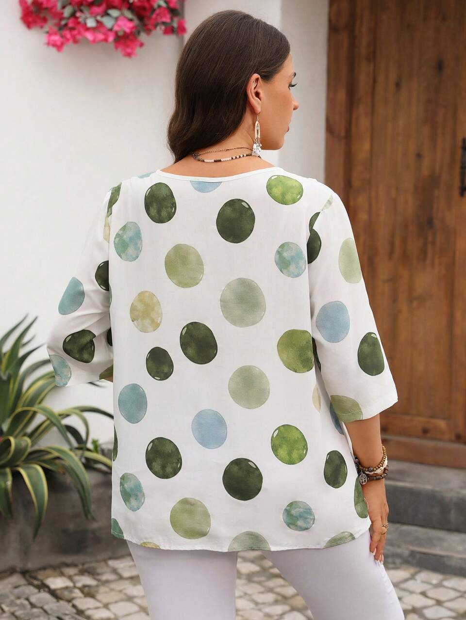 Plus Size Women's Allover White Print Round Neck Casual Smart Traditional Top, Summer Country Concert Three-Quarter Sleeves Vacation Beach